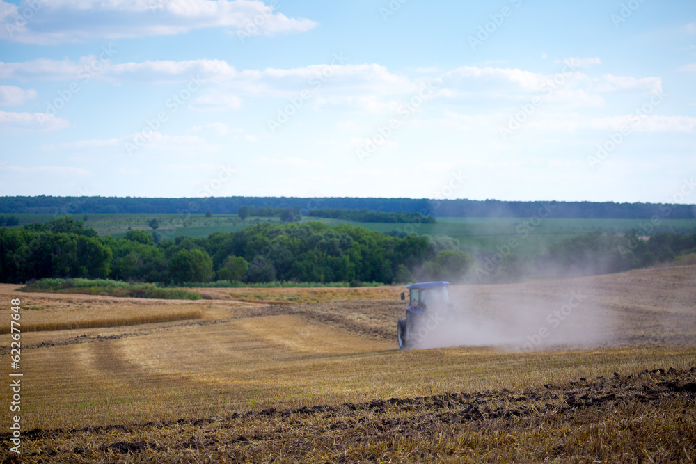 A modern blue tractor with a trailed disc harrow with a husking roller plows a field on which the spring grain crop has just been harvested. Midsummer in central Ukraine.