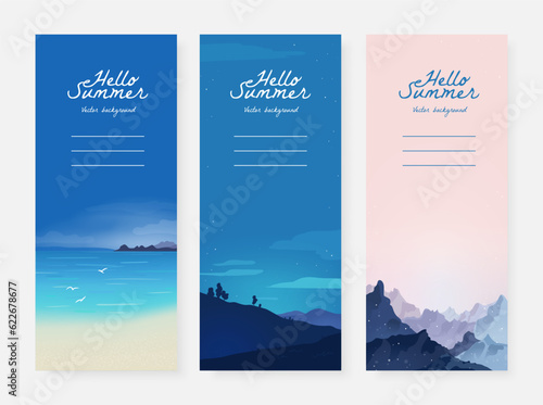 Set of beautiful vertical banner design template with sandy summer beach, night sky and mountains. Set of nature landscape background. Vector illustration