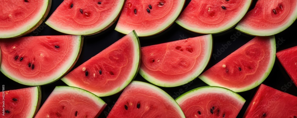 Texture of fresh red watermelon slices, background, panorama. of summer food. Generative Ai. Texture of fresh red watermelon slices, background, panorama. of summer food. Generative Ai.