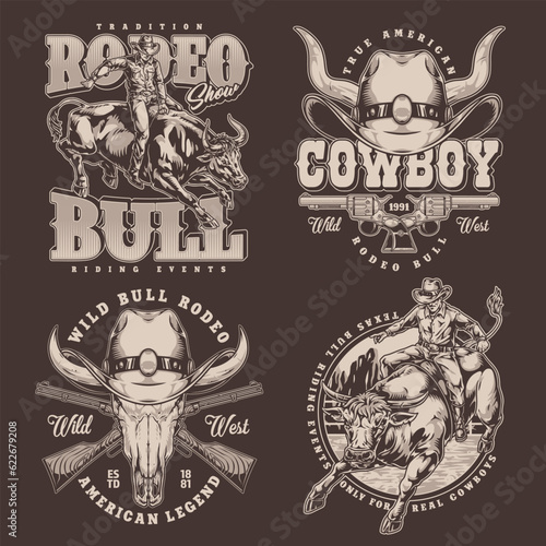 Cowboy culture set flyers monochrome