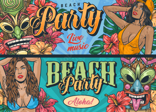 Beach party colorful set banners