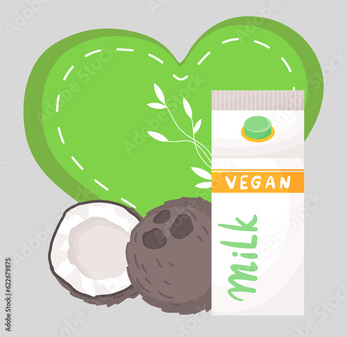 Plant-based vegan coconut milk. Healthy cow alternative to lactose milk, an environmentally friendly product lactose free. Milk replacement banner with nutty milk in paper box and coconut nuts