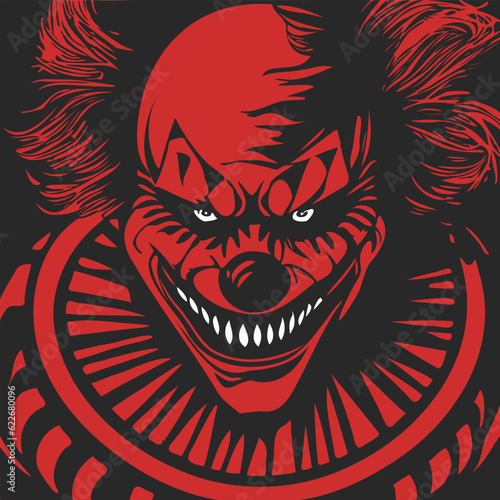 Vector red and black graphic sticker. A scary sinister clown with a menacing look, white teeth and eyes. Square icon or badge.