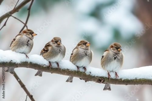 Cute little sparrows sitting on a branch in winter. Winter background, animal theme