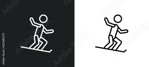 stick figure on snowboard outline icon in white and black colors. stick figure on snowboard flat vector icon from sports collection for web, mobile apps and ui.