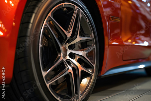 Sleek and Shiny: Sport Car Wheel Close-Up. Generative AI © Andrii 