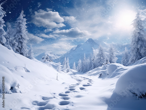 Whispering through the cold air, a serene winter scene unveils as snow blankets mountains and paints fir trees in white