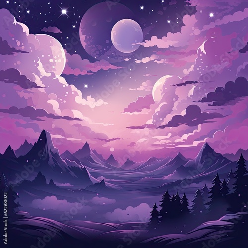 The image features stars, clouds, mountains, and purple hues. (Generative AI)