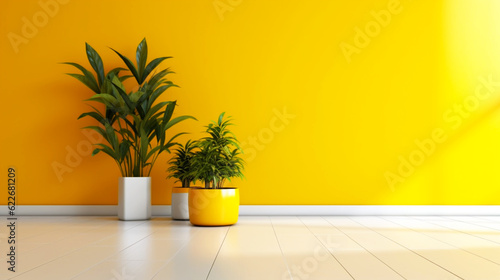 Modern interior with yellow wall background and plant pot. Copy space. Generative AI