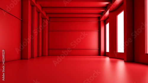  Interior empty red apartment. Modern design. Big light room with copy space. Generative AI