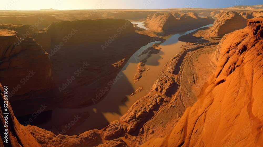 Panorama of an alien landscape. Sunset on Mars. Generative AI