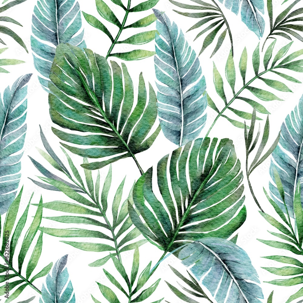 Tropical monstera palm green and blue watercolor seamless pattern on a white background. Tropical monstera palm green and blue watercolor seamless pattern on a white background.