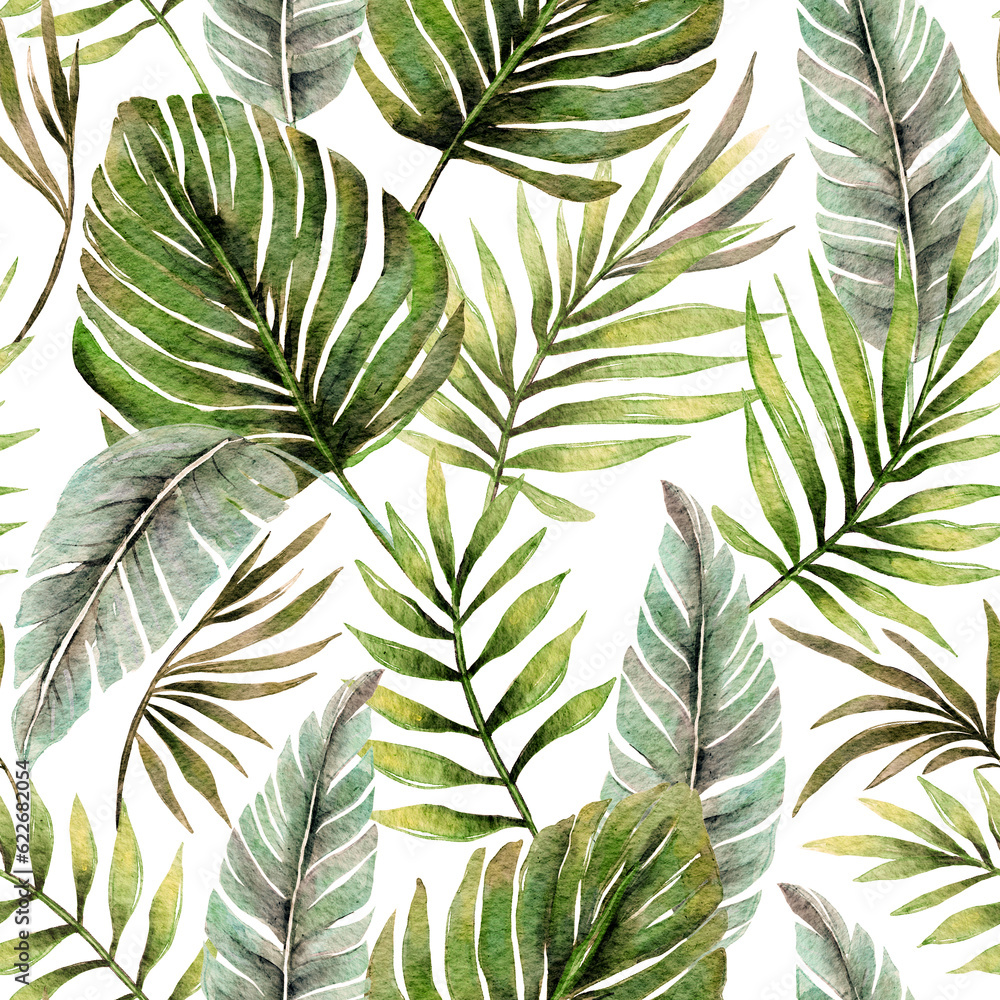 Tropical monstera palm watercolor seamless pattern on a white background. Tropical monstera palm watercolor seamless pattern on a white background.