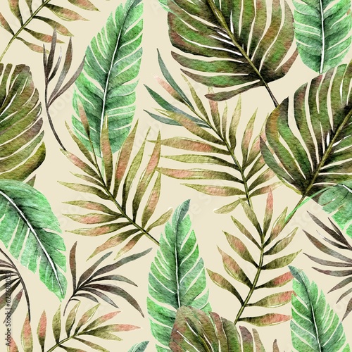 Tropical monstera palm watercolor seamless pattern