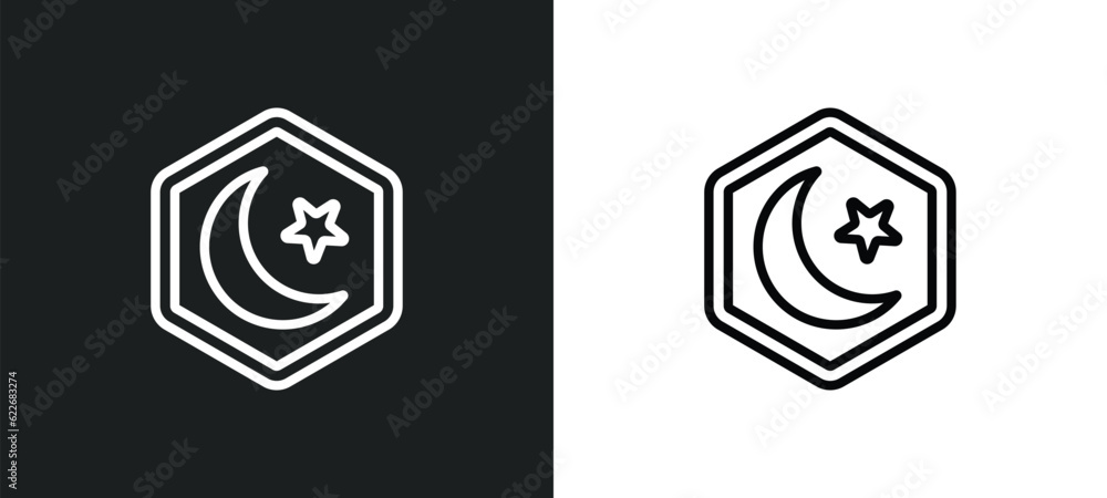 islamic crescent with small star outline icon in white and black colors. islamic crescent with small star flat vector icon from signs collection for web, mobile apps and ui.