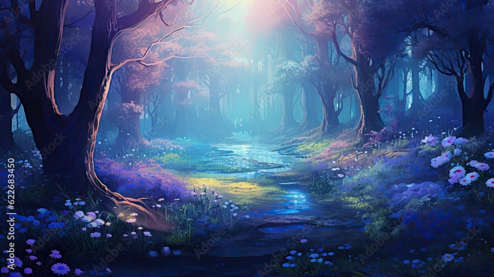 Fantasy forest with vibrant shades of blue and purple, creating a magical atmosphere