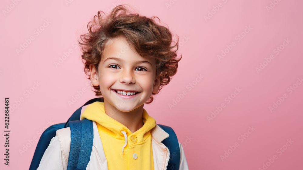 Portrait of smiling boy with school bag isolated on pink background. Back to school concept. AI Generated. Portrait of smiling boy with school bag isolated on pink background. Back to school concept. AI Generated.