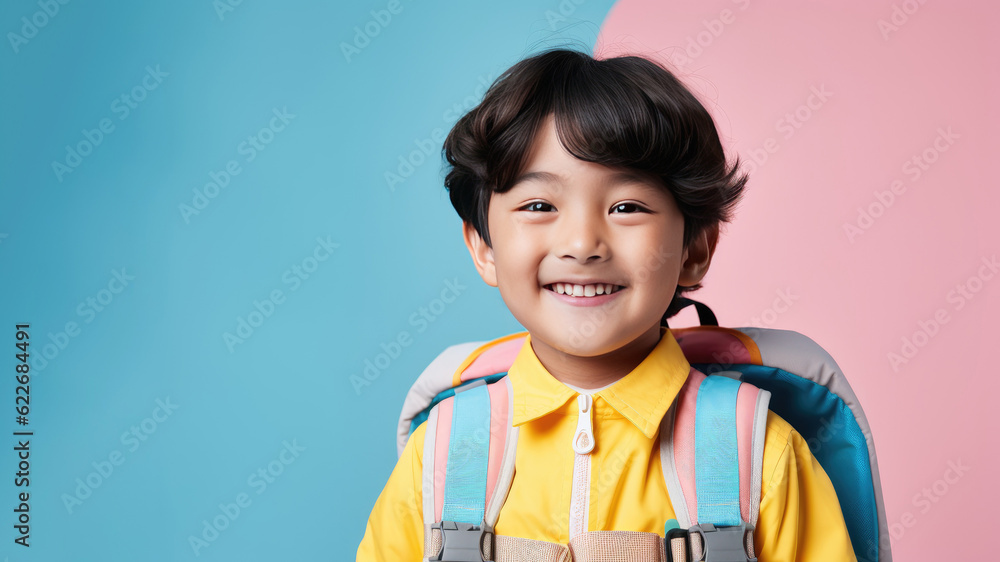 Portrait of smiling boy with school bag isolated on blue background. Back to school concept. AI Generated. Portrait of smiling boy with school bag isolated on blue background. Back to school concept. AI Generated.