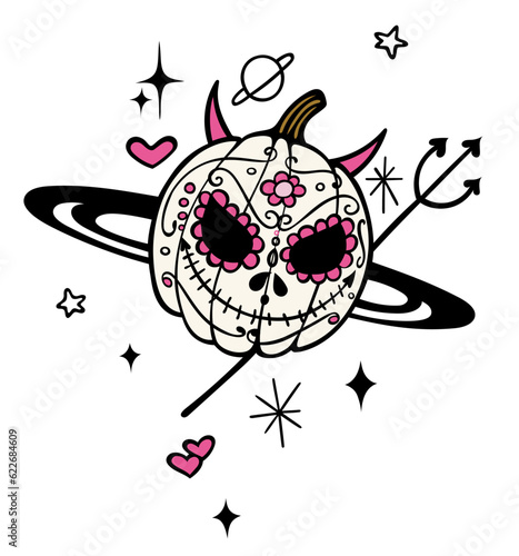 Galaxy Kürbis Teufel mit Dreizack Planeten und Sternen. Butes Vektor Design für Halloween und als Kostüm.