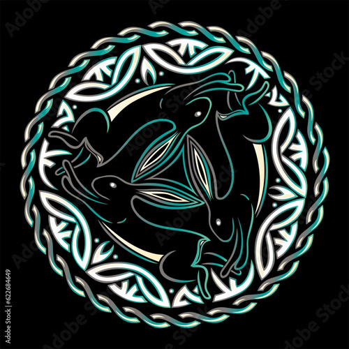 Drei Hasen Dreihasenbild zu Ostern und im Frühling. Hasen Mandala Vektor Design. 