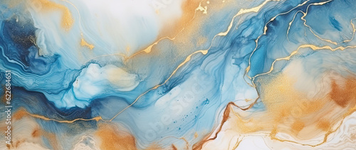 Panel kuchenny z motywem Marble ink abstract art banner background. Luxury abstract fluid art painting in alcohol ink technique, mixture of blue, orange and gold paints. AI generative