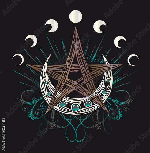 Pentagramm mit Halbmond floralen Elementen Edelsteinen und Mondphasen. Vektor für Pagan Wicca Witchcraft Magie Hexe Gothic Mittelalter und Fantasy. photo