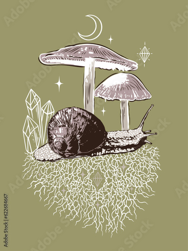Pilze mit Myzel Kristalle Schnecke und Schneckenhaus. Herbstliches Vektor Design der unterirdischen Schätze der Natur. Pilz Netzwerk.