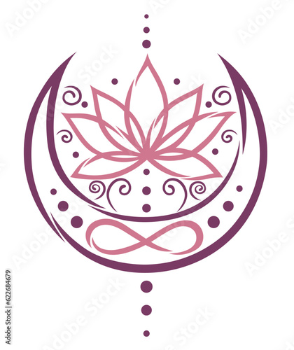 Lotus Lotusblüte Lotusblume mit Infinity Symbol und Mondsichel. Vektor Design für Yoga Zen und Esoterik.