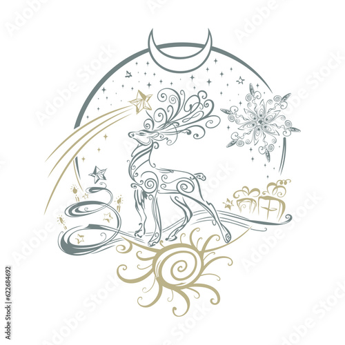 Hirsch Geweih Weihnachten mit Weihnachtsbaum Schneeflocke und Wintersonnenwende. Pagan Wicca Vektor Art.