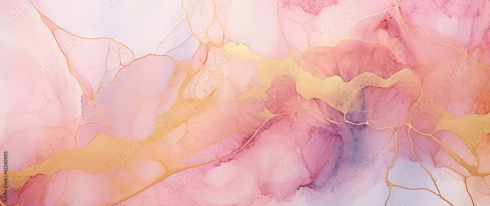 Marble ink abstract art banner background. Luxury abstract fluid art painting in alcohol ink technique, mixture of blue, pink and gold paints. AI generative