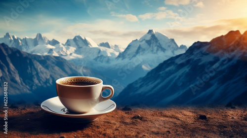 Cup of coffee latte on the background of mountains new quality universal colorful technology illustration design generative ai