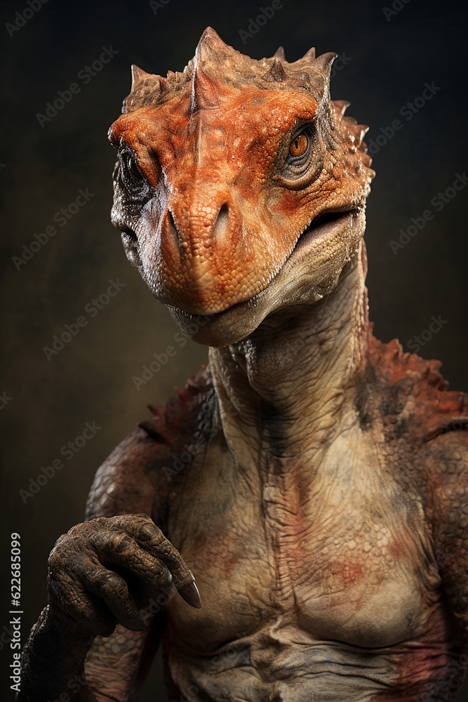 angry humanlike dinosaur on a studio background angry humanlike dinosaur on a studio background
