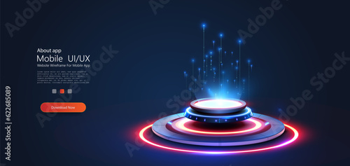 Hi-tech futuristic podium with neon light, glow, glare and reflection. Circle portals, teleport, hologram gadget. Sky-fi digital hi-tech elements for presentation product. Vector illustration