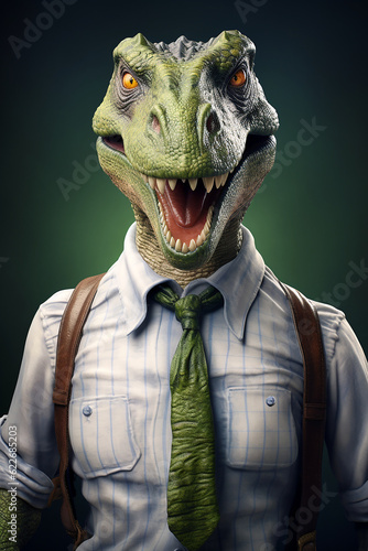 Portrait of a humanlike tyrannosaur rex wearing clothes