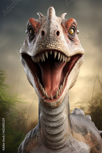 close up portrait of a dinosaur with big teeth in a forest