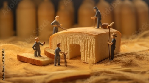 Miniature staff figurines work on the farm in a small slice of bread