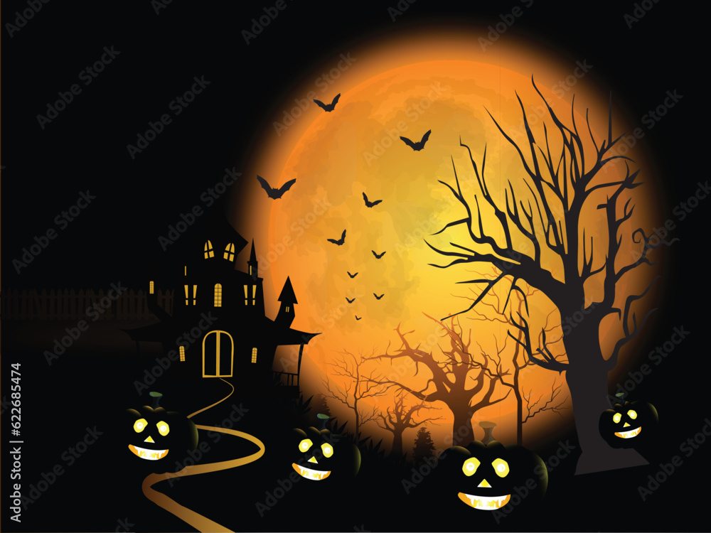 Halloween night design with ghost house and pumpkins vector illustration