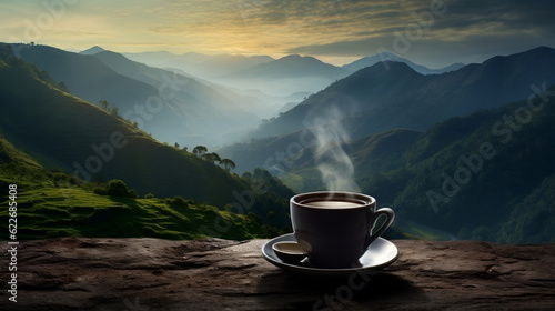 Cup of coffee latte on the background of mountains new quality universal colorful technology illustration design generative ai