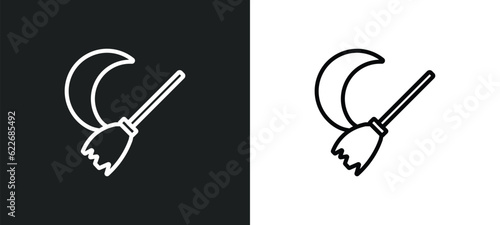 moon and broom outline icon in white and black colors. moon and broom flat vector icon from shapes collection for web, mobile apps ui.