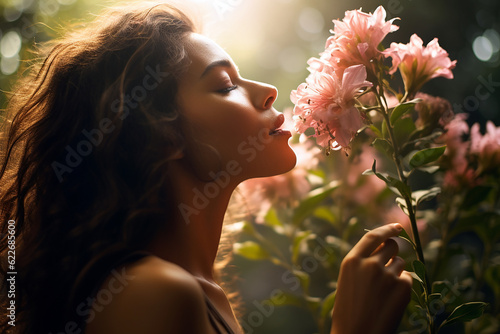 beautiful woman smelling flowers in summer