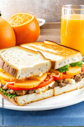 sandwiches with tomato and yellow cheese  accompanied with a glass of orange juice.