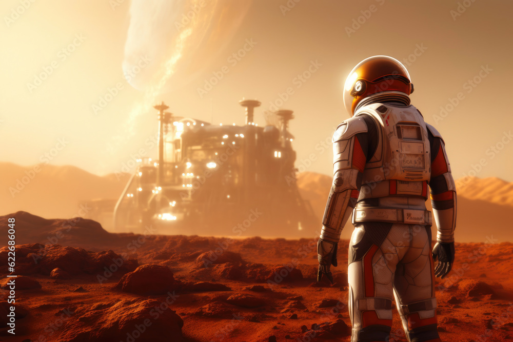Back view of astronaut wearing space suit walking on a surface of a red ...