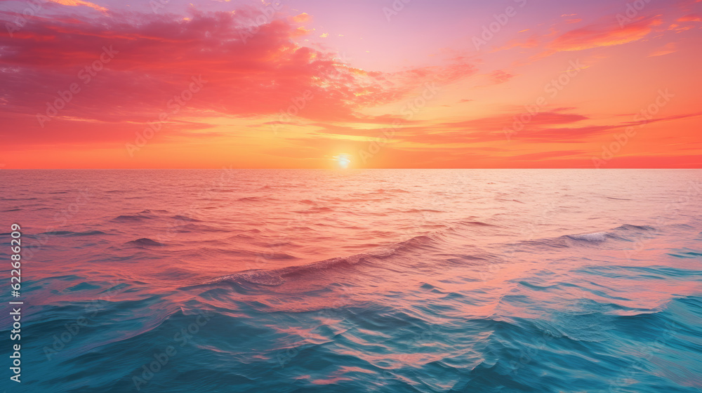 Naklejka premium At the horizon, as the sun sets, the sea gracefully meets the sky, accompanied by a gentle wave's embrace