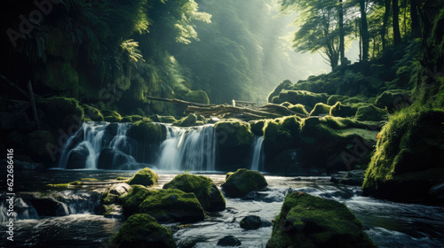 A tranquil river flows by a shady tree, illuminated by the sun, where green serenity thrives