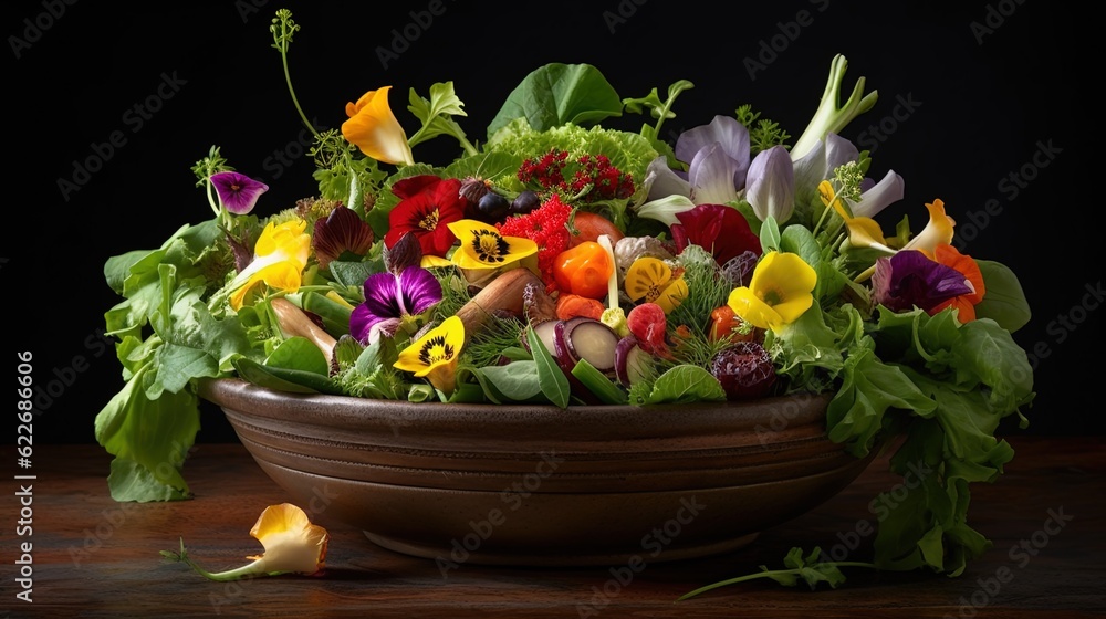 salad with the vegetables in the bowl, black isolated background