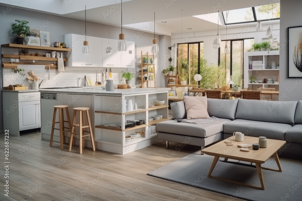 interior design, light Stylish apartment interior with modern kitchen. created generative ai. interior design, light Stylish apartment interior with modern kitchen. created generative ai.
