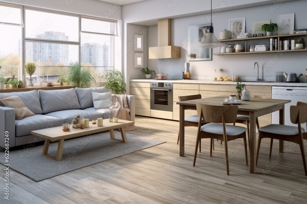 interior design, light Stylish apartment interior with modern kitchen. created generative ai. interior design, light Stylish apartment interior with modern kitchen. created generative ai.