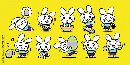 Vector Cartoon Cute Funny Kawaii Easter Bunnies Illustration Set Isolated
