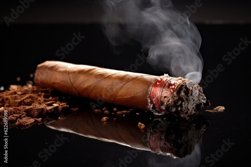 a luxury burning cuban smoking cigar on a black table. isolated on black background. Generative AI