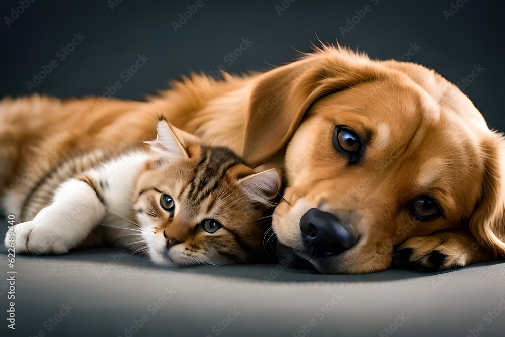 puppy and cat lying together - Generative AI puppy and cat lying together - Generative AI